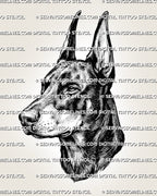 Doberman tattoo stencil with sharp ears, side-profile dog portrait, shaded fur texture, and clean printable file.