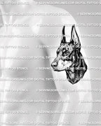 Dog portrait tattoo shown on mens upper arm placement, with Doberman head shape, shaded detail, and readable stencil layout. 