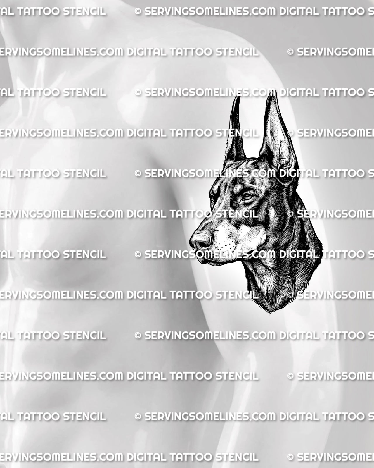 Dog portrait tattoo shown on mens upper arm placement, with Doberman head shape, shaded detail, and readable stencil layout. 