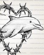 Close-up of dolphin heart tattoo stencil showing barbed wire frame, dolphin shading, clean outline, fin, tail, and face detail.
