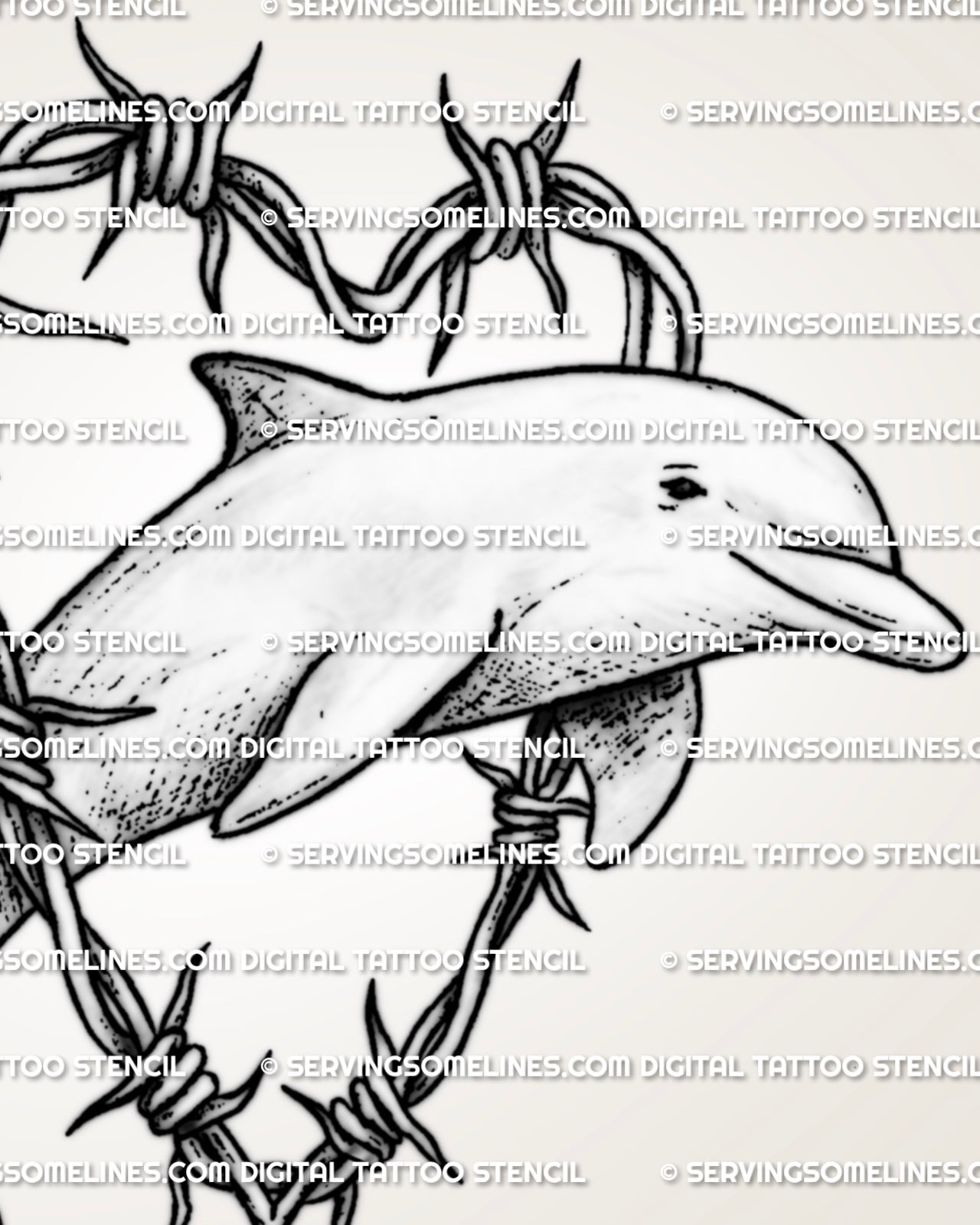 Close-up of dolphin heart tattoo stencil showing barbed wire frame, dolphin shading, clean outline, fin, tail, and face detail.