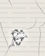 Dolphin heart tattoo stencil shown on women’s ribs placement with horizontal dolphin shape and barbed wire heart detail.