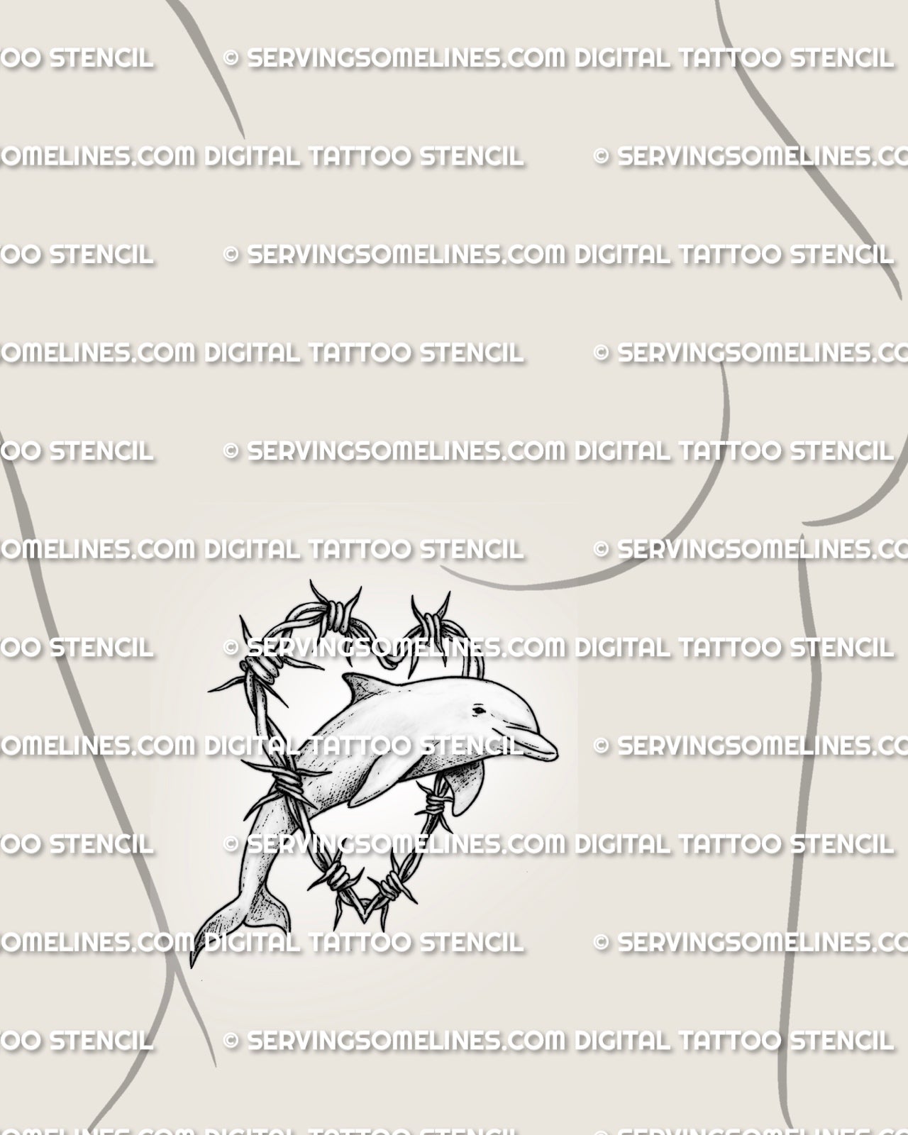 Dolphin heart tattoo stencil shown on women’s ribs placement with horizontal dolphin shape and barbed wire heart detail.