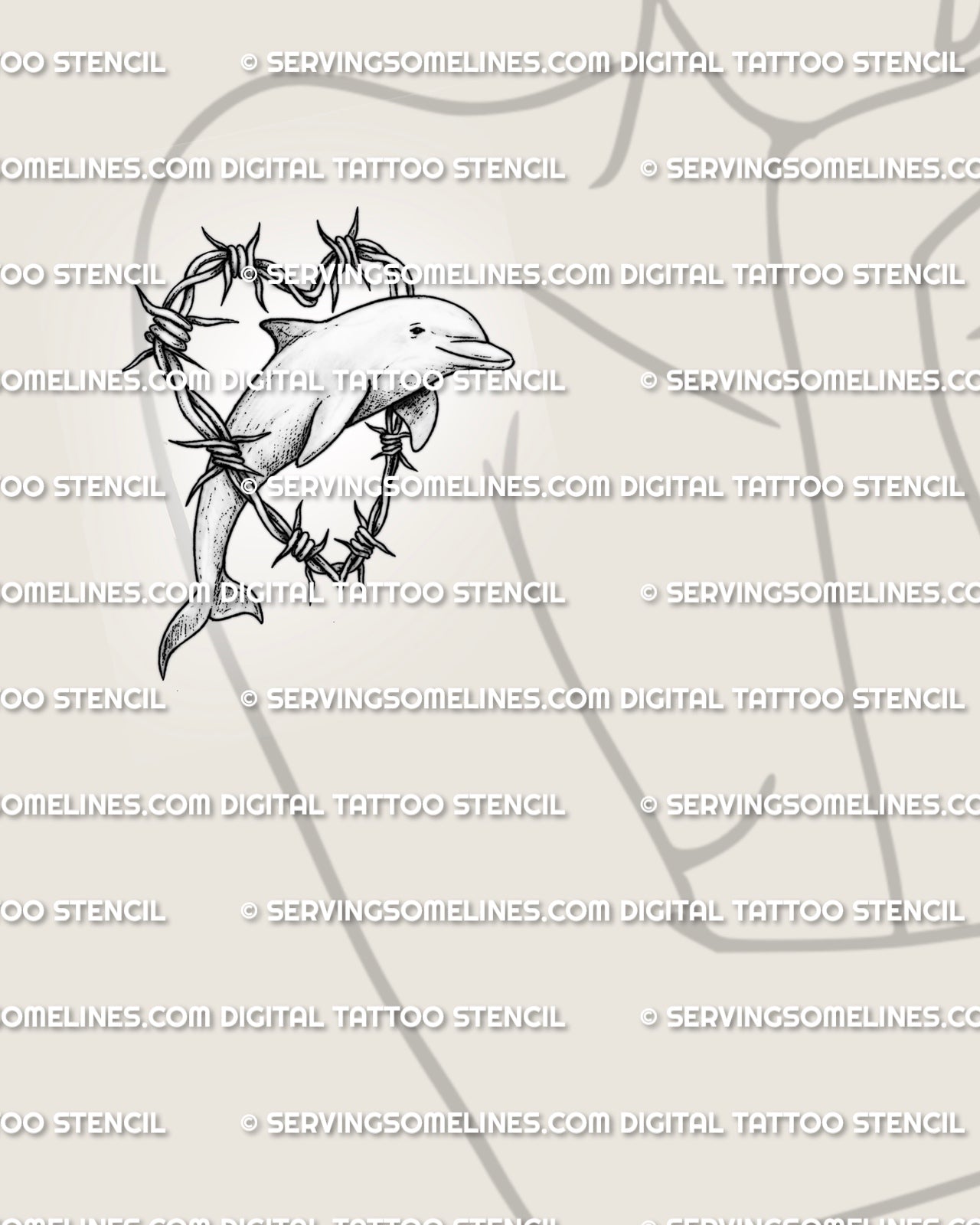 Dolphin tattoo design shown on women’s arm placement with heart-shaped barbed wire frame, jumping dolphin, and soft shading.