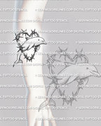 Dolphin tattoo stencil shown on forearm placement with jumping dolphin, heart-shaped barbed wire frame, and soft shading.