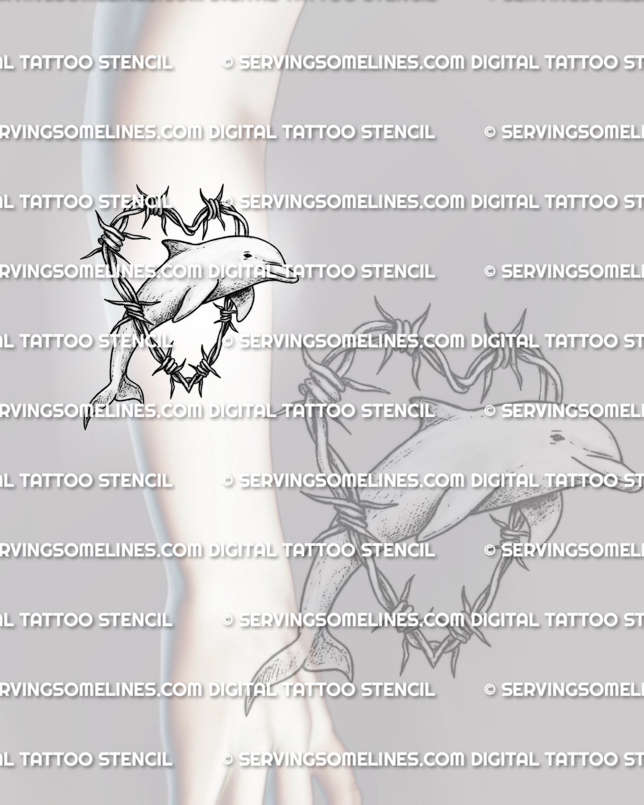 Dolphin tattoo stencil shown on forearm placement with jumping dolphin, heart-shaped barbed wire frame, and soft shading.