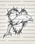 Dolphin tattoo stencil with jumping dolphin, heart-shaped barbed wire frame, soft shading, and clean outline work.