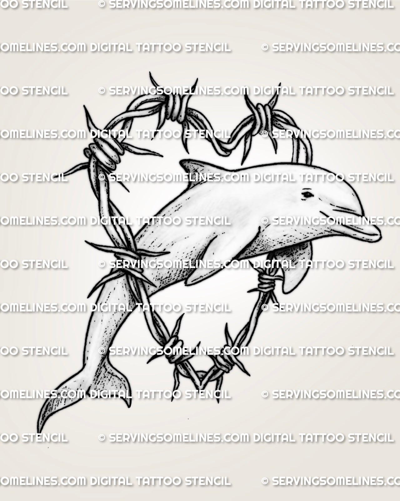 Dolphin tattoo stencil with jumping dolphin, heart-shaped barbed wire frame, soft shading, and clean outline work.