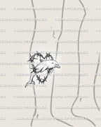 Dolphin tattoo stencil shown on lower leg placement with dolphin outline, heart-shaped barbed wire frame, and shaded body.
