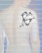 Dolphin tattoo stencil displayed on men’s shoulder placement with jumping dolphin, barbed wire heart frame, and clean outline.