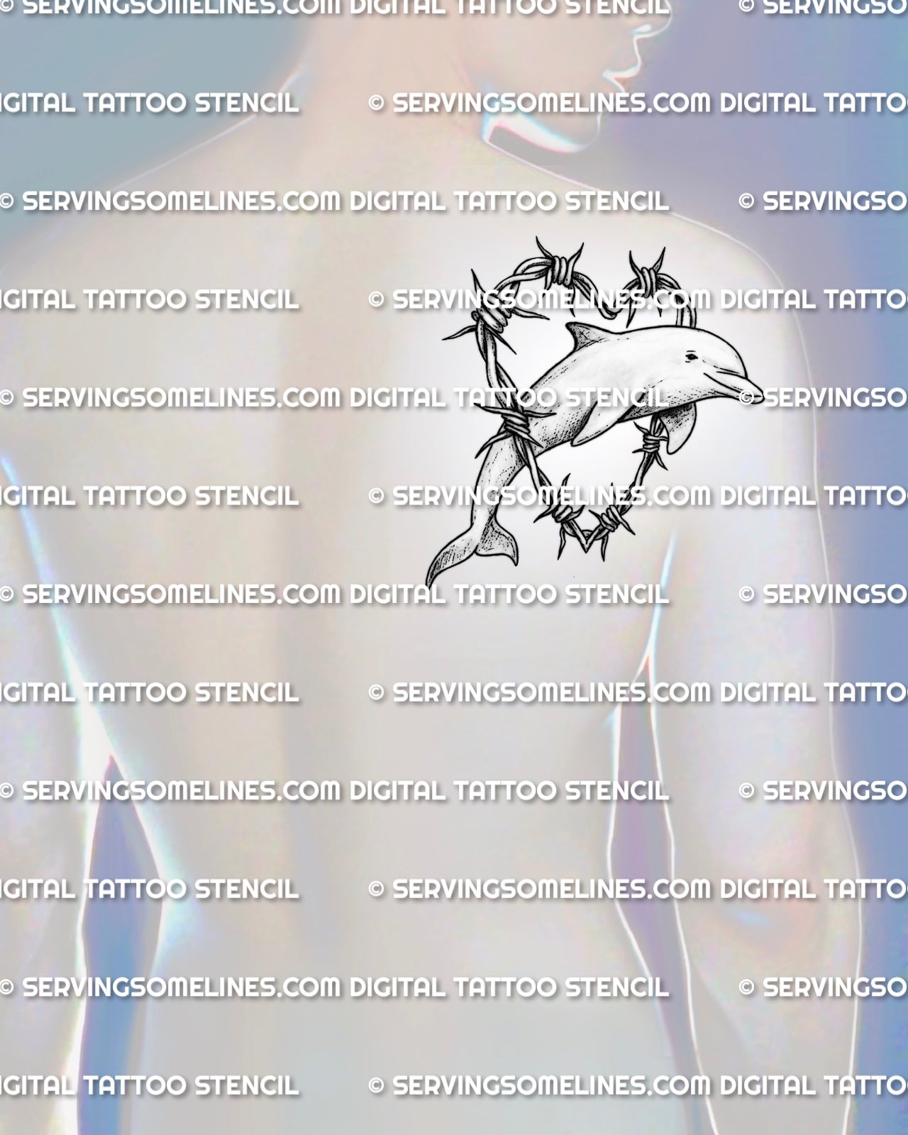 Dolphin tattoo stencil displayed on men’s shoulder placement with jumping dolphin, barbed wire heart frame, and clean outline.