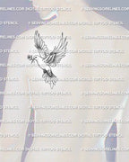 Dove stencil tattoo displayed on men’s shoulder blade placement with flying bird shape, open wings, 