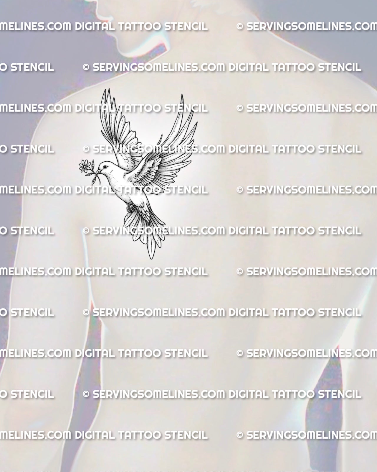 Dove stencil tattoo displayed on men’s shoulder blade placement with flying bird shape, open wings, 