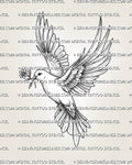 Dove tattoo stencil with flying bird, open wings, flower in beak, soft shading, and clean feather detail.