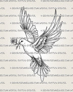 Dove tattoo stencil with flying bird, open wings, flower in beak, soft shading, and clean feather detail.