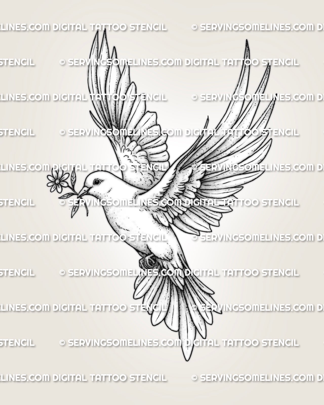Dove tattoo stencil with flying bird, open wings, flower in beak, soft shading, and clean feather detail.