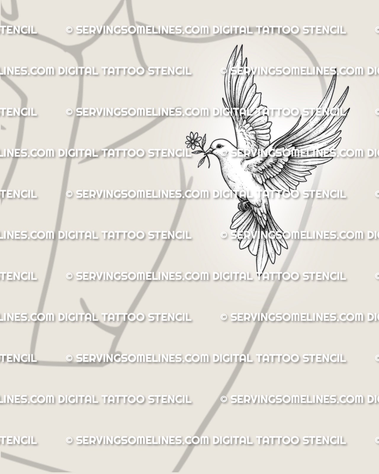 Dove tattoo stencil shown on women’s arm placement with open wings, flower detail, and peaceful bird design.