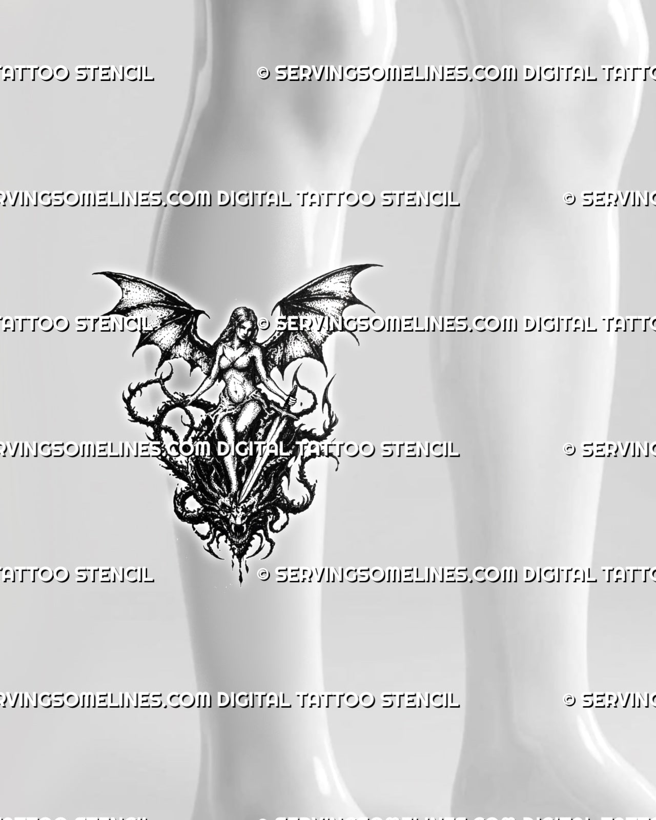 Dragon and sword tattoo stencil shown on calf with winged warrior, slain dragon head, and vertical medieval fantasy composition
