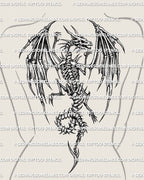Dragon back tattoo stencil shown on women’s upper back placement with skeletal wings, raised claws, ribcage detail, and curled tail.