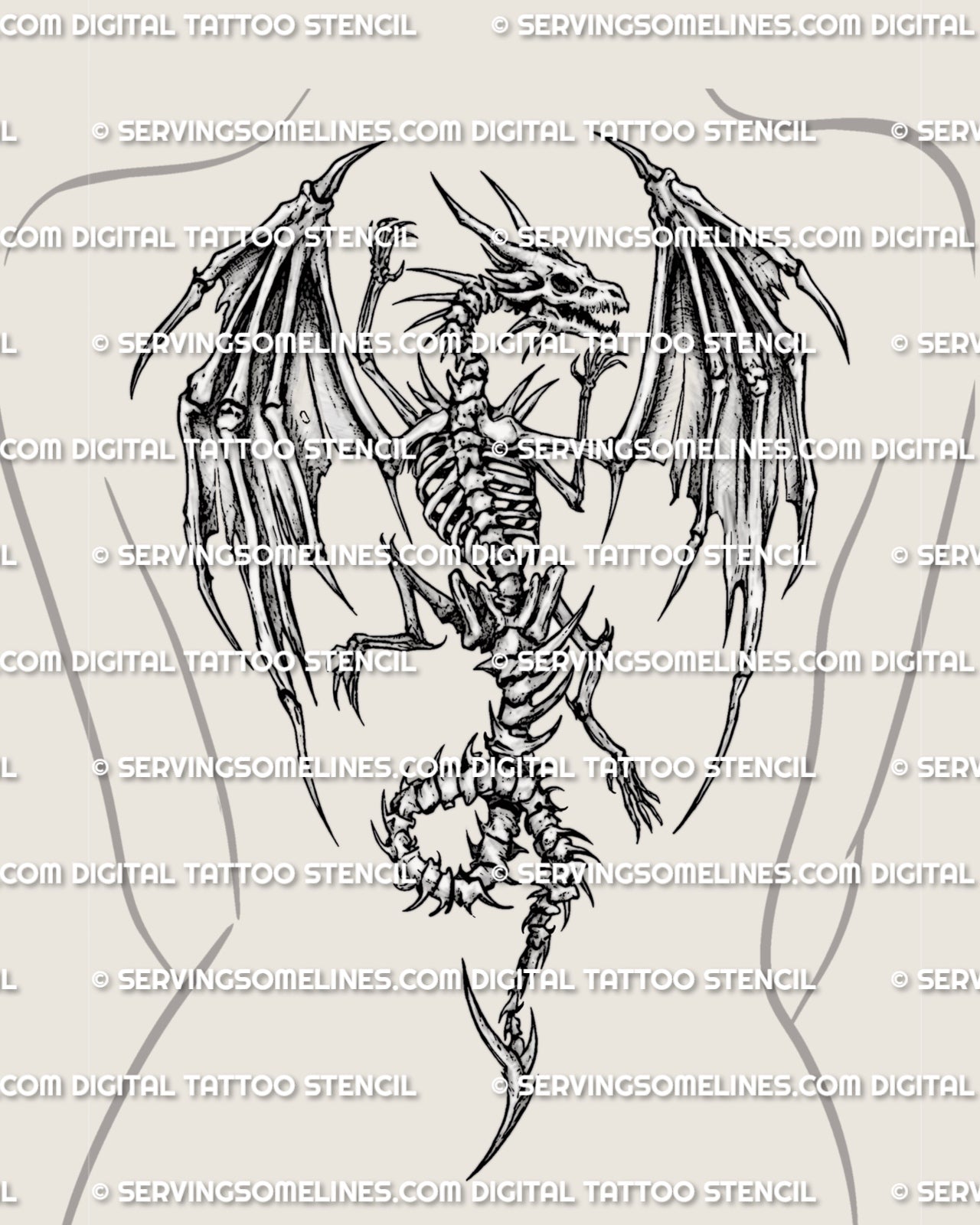 Dragon back tattoo stencil shown on women’s upper back placement with skeletal wings, raised claws, ribcage detail, and curled tail.