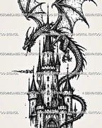Dragon castle tattoo stencil showing dragon wings, curved body, castle tower, side turrets, arched windows, and blackwork-style detail