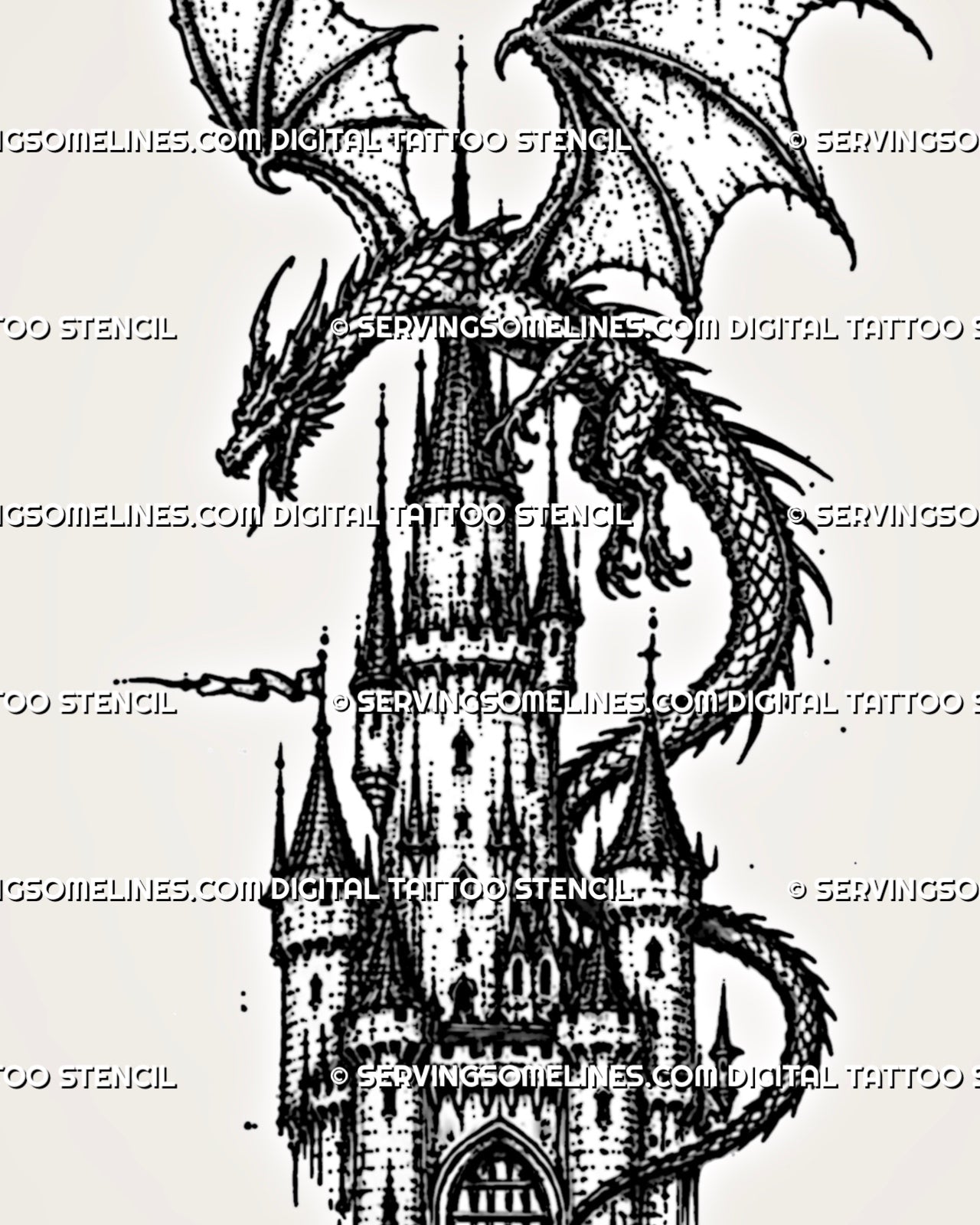 Dragon castle tattoo stencil showing dragon wings, curved body, castle tower, side turrets, arched windows, and blackwork-style detail