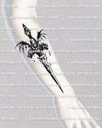womens forearm tattoo mockup with hydra dragon dagger, winged medieval blade and fantasy detailing, dark gothic knife style for arm placement