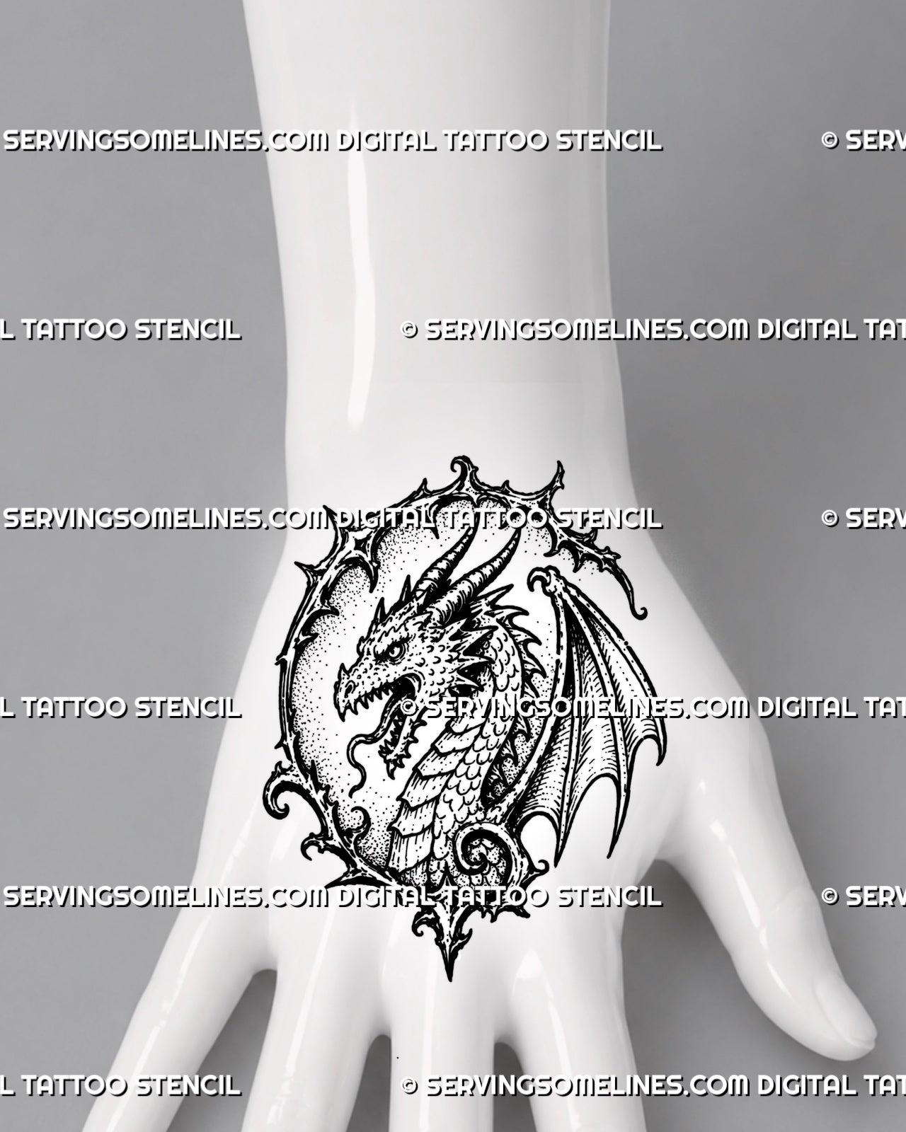 Dragon head tattoo stencil shown on hand with horned dragon face, open jaw, sharp teeth, scale detail, and compact gothic frame