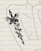 womens arm tattoo mockup featuring dragon rose sword design with thorn vines and wings, dark feminine gothic dagger artwork placed on upper arm
