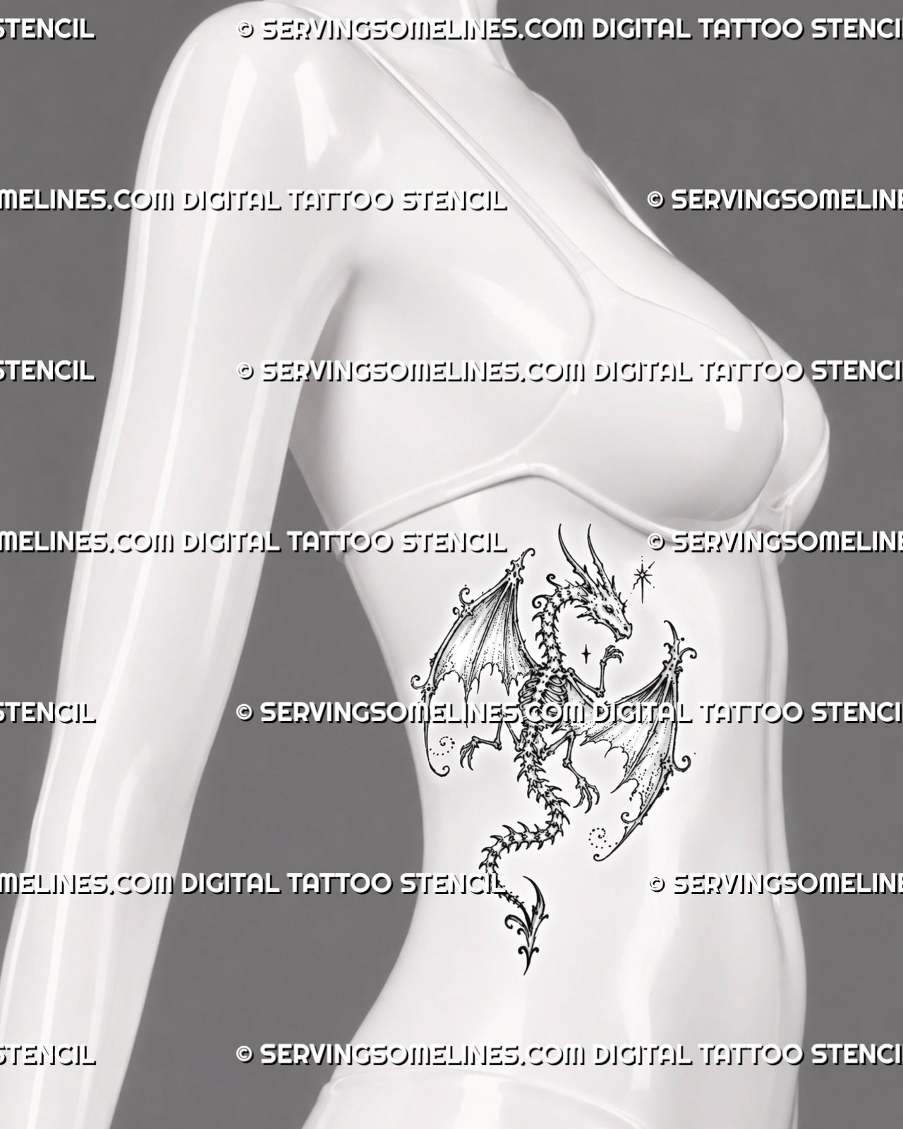 Dragon skeleton tattoo shown on a woman’s ribs with a horned skull, skeletal wings, exposed spine and ribs, long curved tail, stars, and fine ornamental details