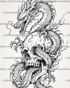 Close design view of dragon and skull tattoo stencil showing skull detail, horned dragon head, claws, flowing whiskers, curled body, and flame-like linework