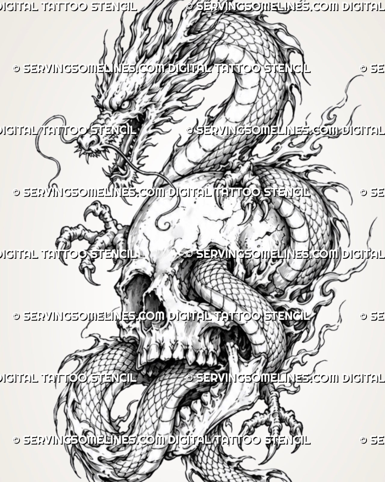 Close design view of dragon and skull tattoo stencil showing skull detail, horned dragon head, claws, flowing whiskers, curled body, and flame-like linework