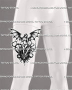 Dragon slayer tattoo stencil shown on men’s thigh with seated warrior, vertical sword, slain dragon head, and bold fantasy composition