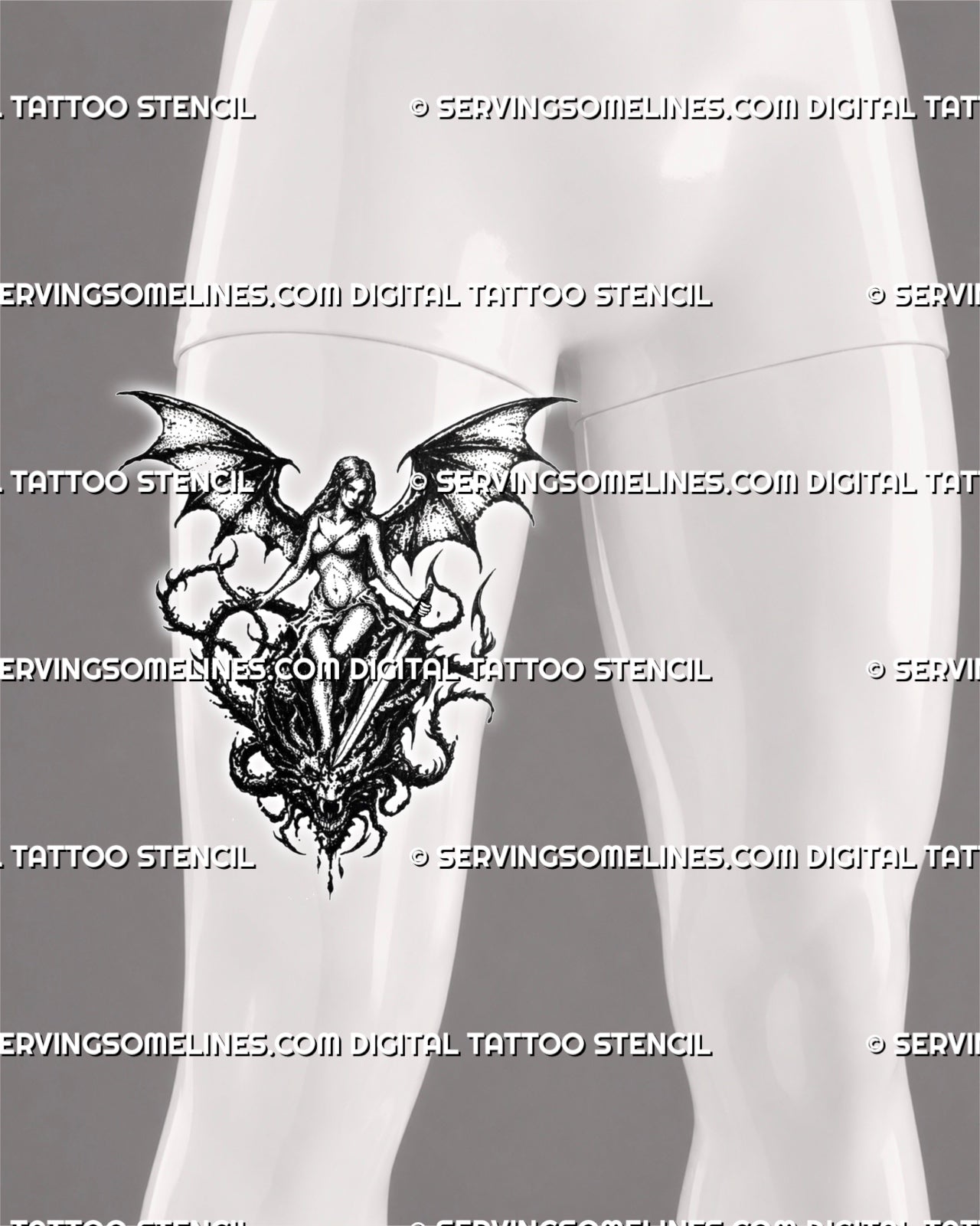 Dragon slayer tattoo stencil shown on men’s thigh with seated warrior, vertical sword, slain dragon head, and bold fantasy composition