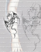 Dragon tattoo stencil shown on forearm placement with skeleton body, torn wings, skull detail, and long curved tail.