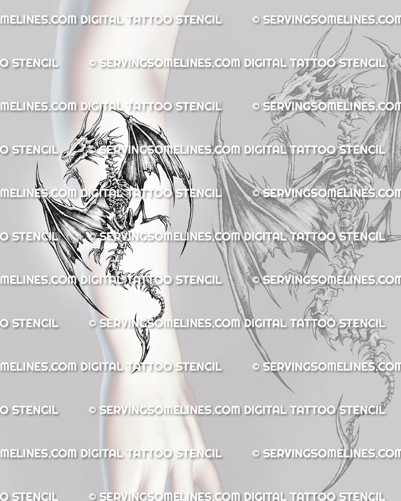 Dragon tattoo stencil shown on forearm placement with skeleton body, torn wings, skull detail, and long curved tail.