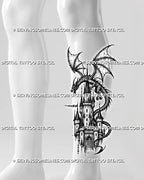Dragon and castle tattoo stencil shown on calf with vertical castle tower, dragon wings, curved tail, arched gate, and dark fantasy composition