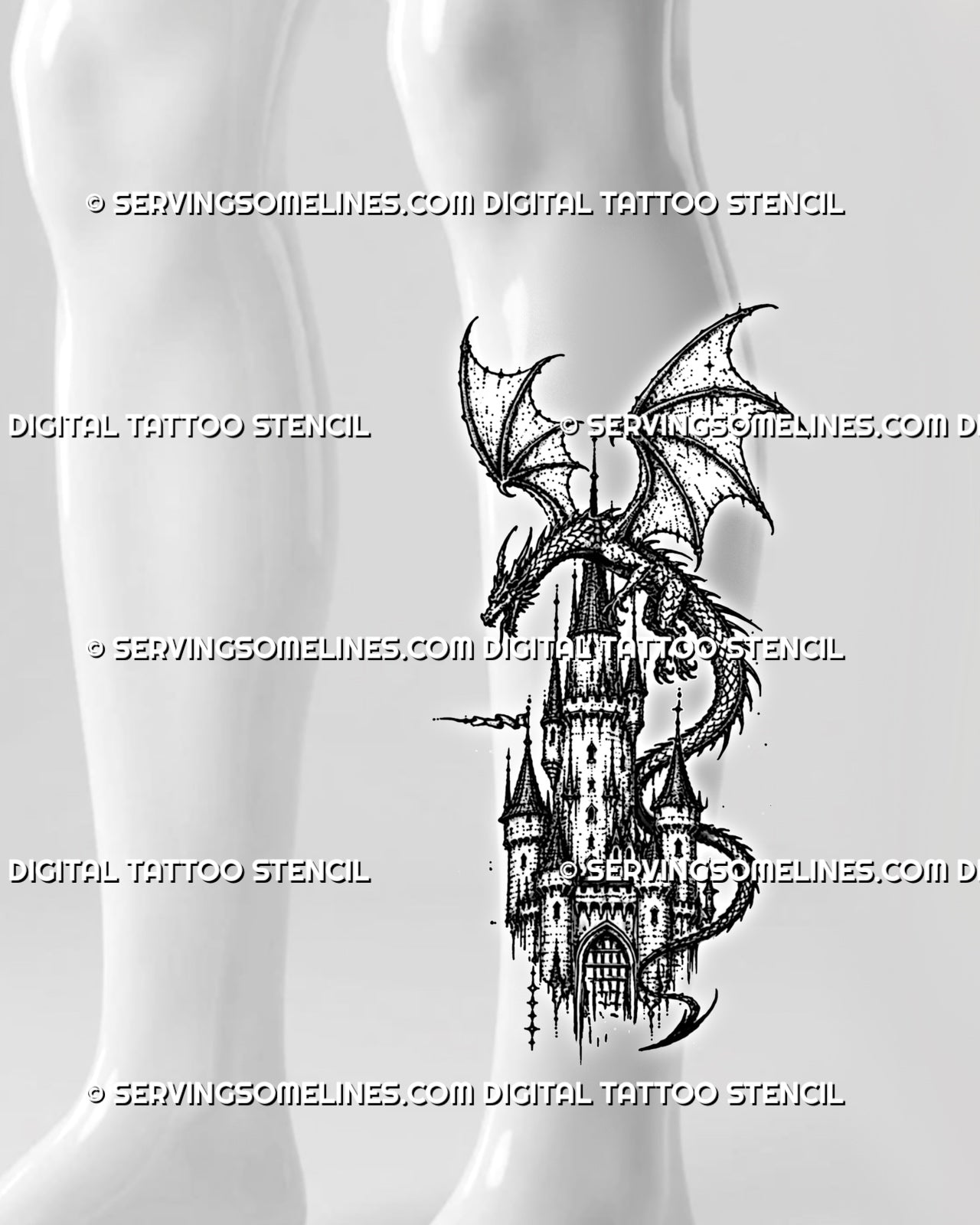 Dragon and castle tattoo stencil shown on calf with vertical castle tower, dragon wings, curved tail, arched gate, and dark fantasy composition