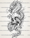 Dragon and skull tattoo stencil with Eastern-style dragon wrapped around a large skull, horned dragon head, claws, whiskers, flame-like movement, and dark fantasy detail