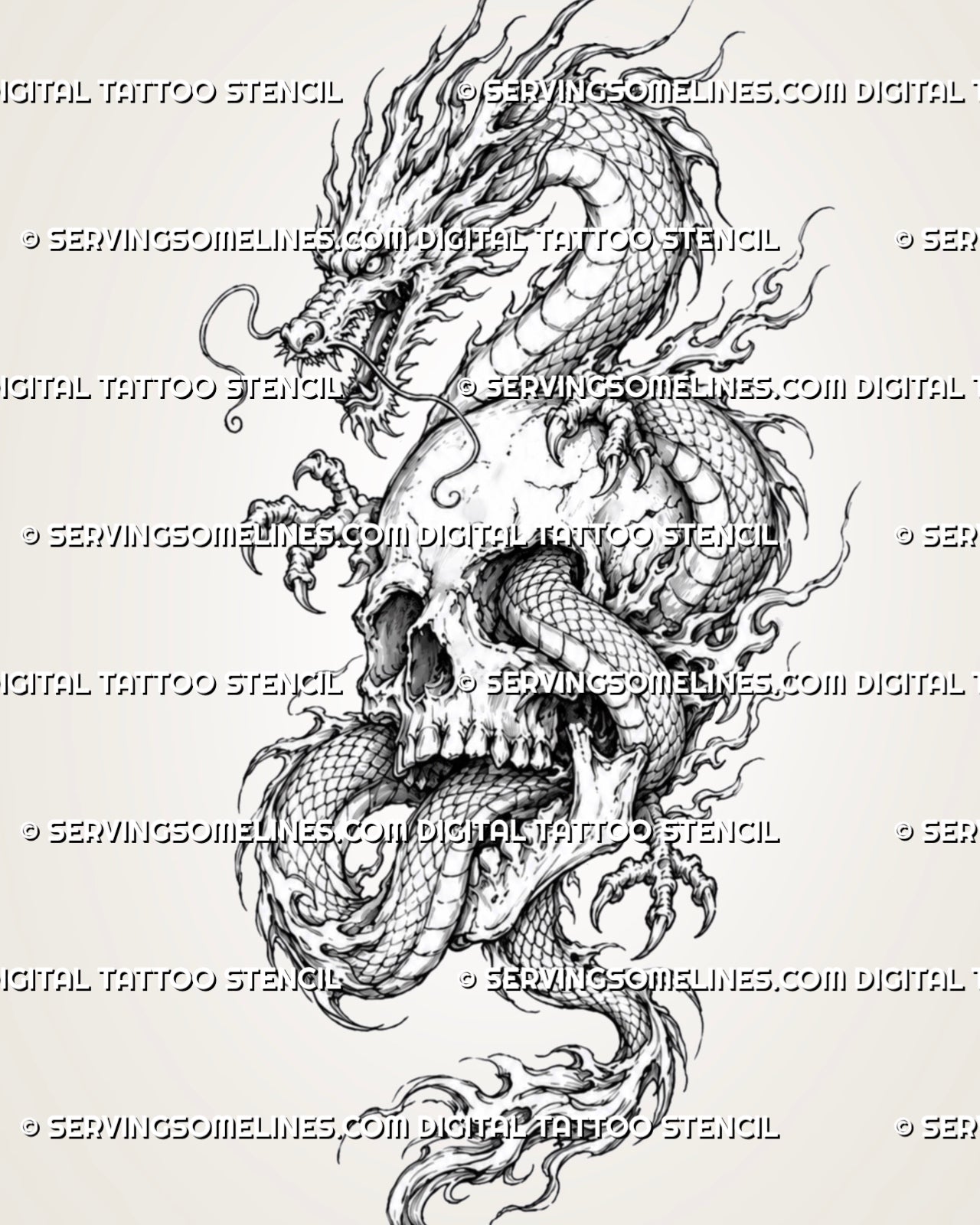 Dragon and skull tattoo stencil with Eastern-style dragon wrapped around a large skull, horned dragon head, claws, whiskers, flame-like movement, and dark fantasy detail