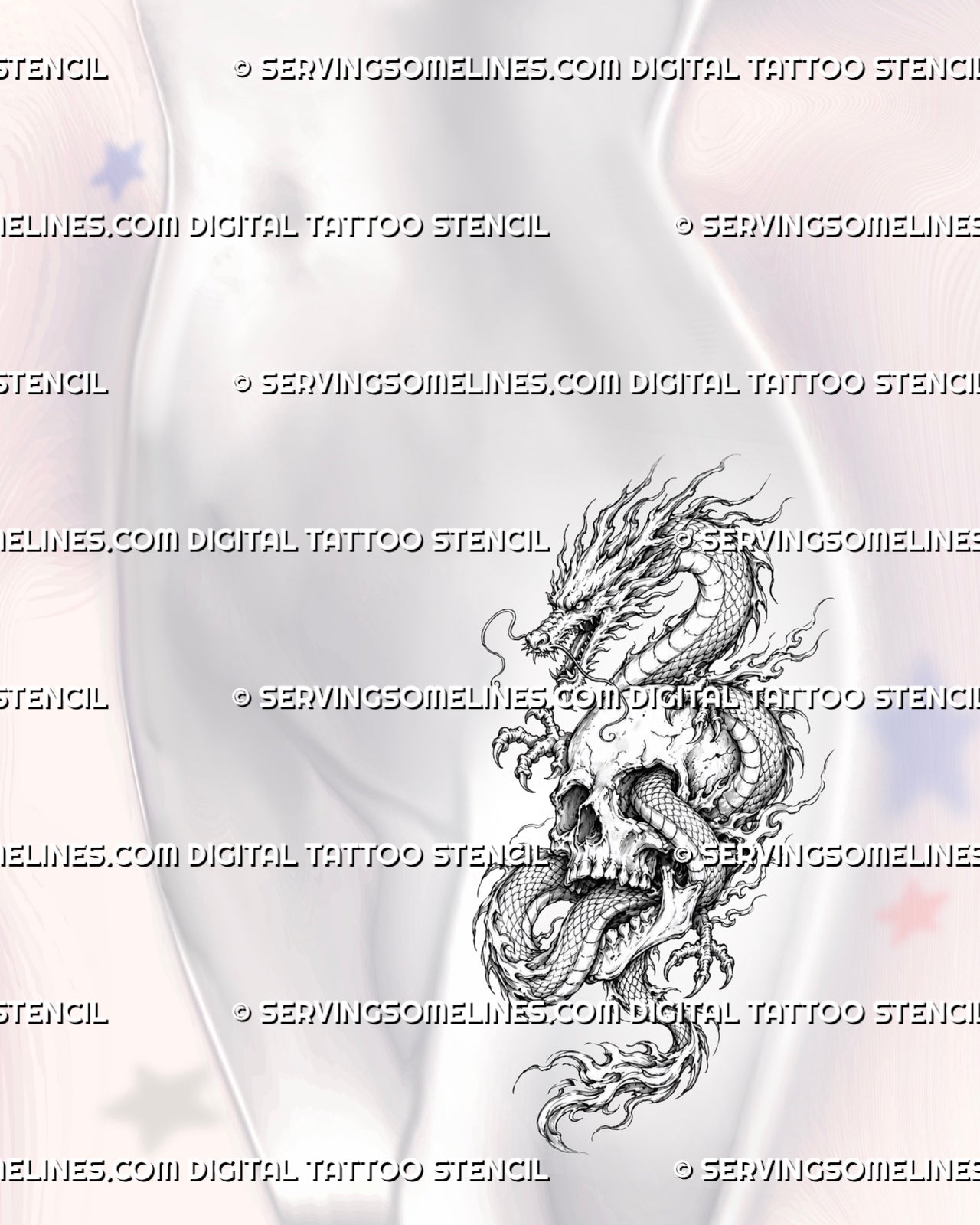 Dragon and skull tattoo stencil shown on female hip with dragon wrapped around skull, flowing body, sharp claws, whiskers, and dark tattoo detail