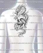Dragon and skull tattoo stencil shown on female upper back with skull center, Eastern dragon movement, claws, whiskers, and dark fantasy tattoo composition