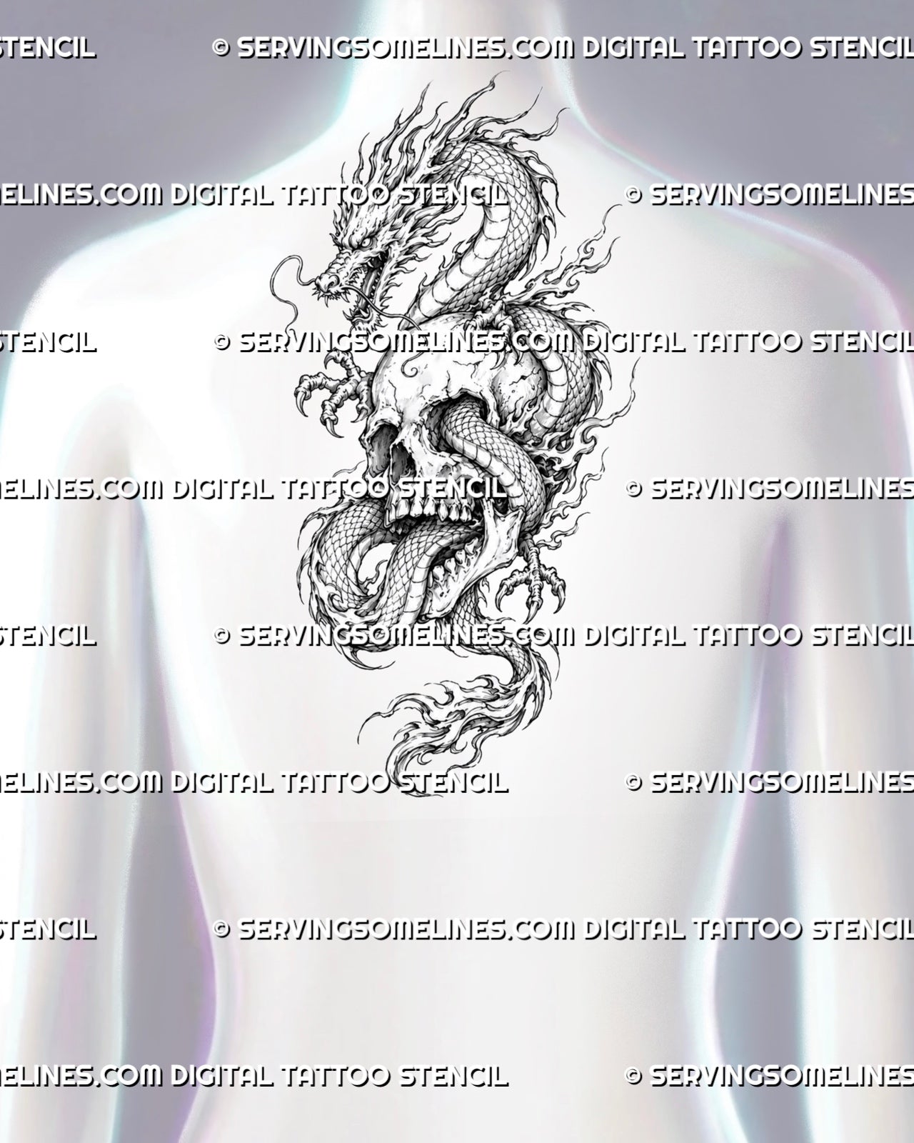 Dragon and skull tattoo stencil shown on female upper back with skull center, Eastern dragon movement, claws, whiskers, and dark fantasy tattoo composition