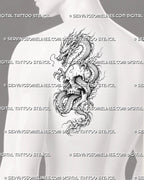 Dragon and skull tattoo stencil shown on men’s shoulder blade with large skull, curled Eastern dragon, horned head, claws, and dramatic fantasy layout