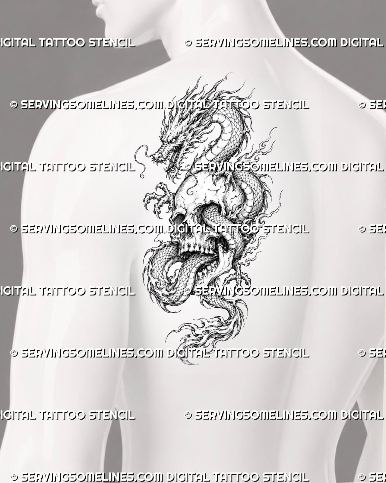 Dragon and skull tattoo stencil shown on men’s shoulder blade with large skull, curled Eastern dragon, horned head, claws, and dramatic fantasy layout