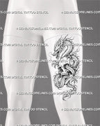 Dragon and skull tattoo stencil shown on men’s thigh with Eastern-style dragon, large skull, claw detail, flowing body movement, and dark fantasy design