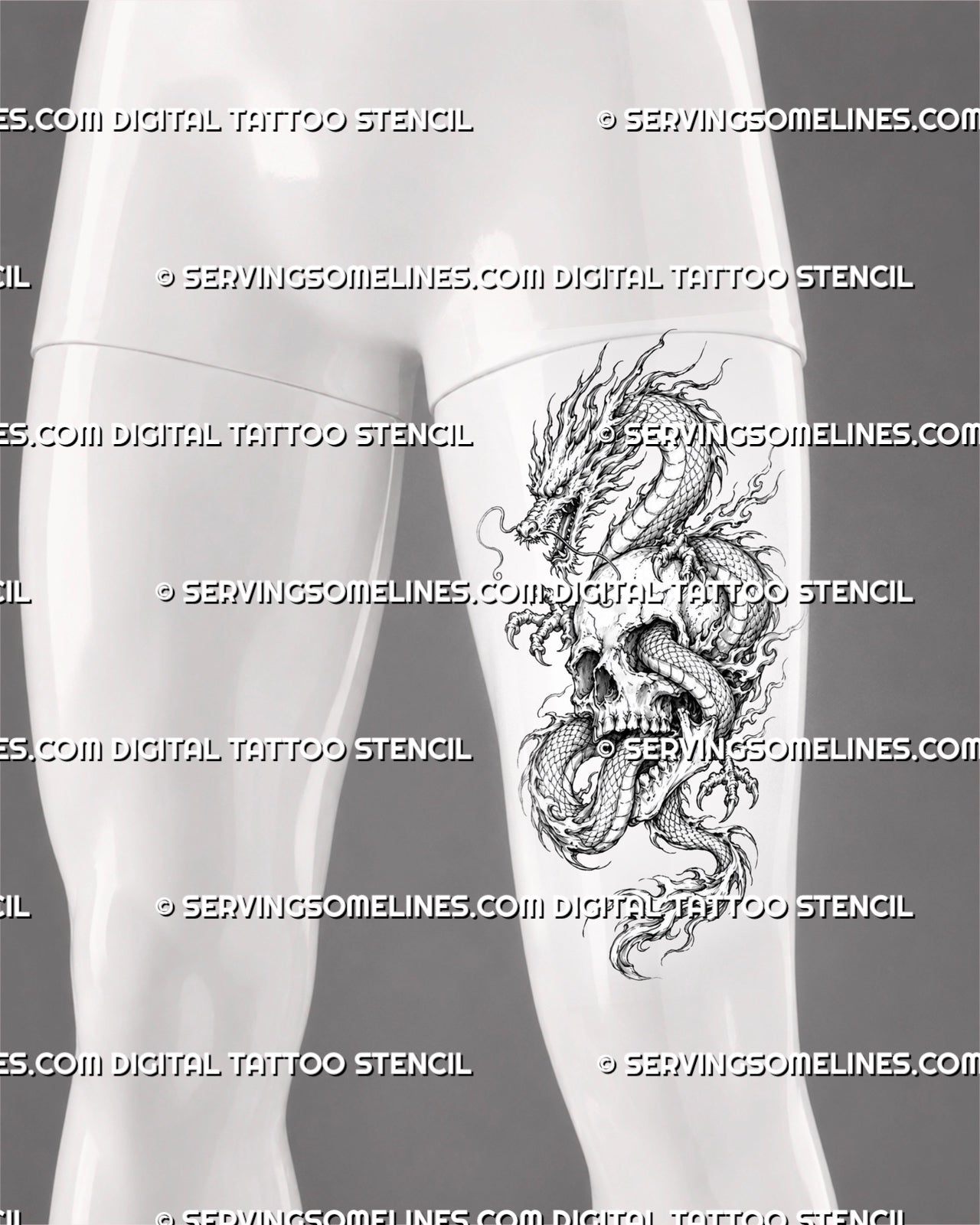 Dragon and skull tattoo stencil shown on men’s thigh with Eastern-style dragon, large skull, claw detail, flowing body movement, and dark fantasy design