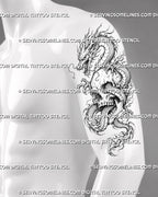 Dragon and skull tattoo stencil shown on men’s upper arm with large skull, Eastern dragon, sharp claws, flowing whiskers, and dark fantasy tattoo detail