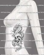 Dragon and skull tattoo stencil shown on women’s side with dragon curling around skull, horned head, claws, whiskers, and flowing vertical shape