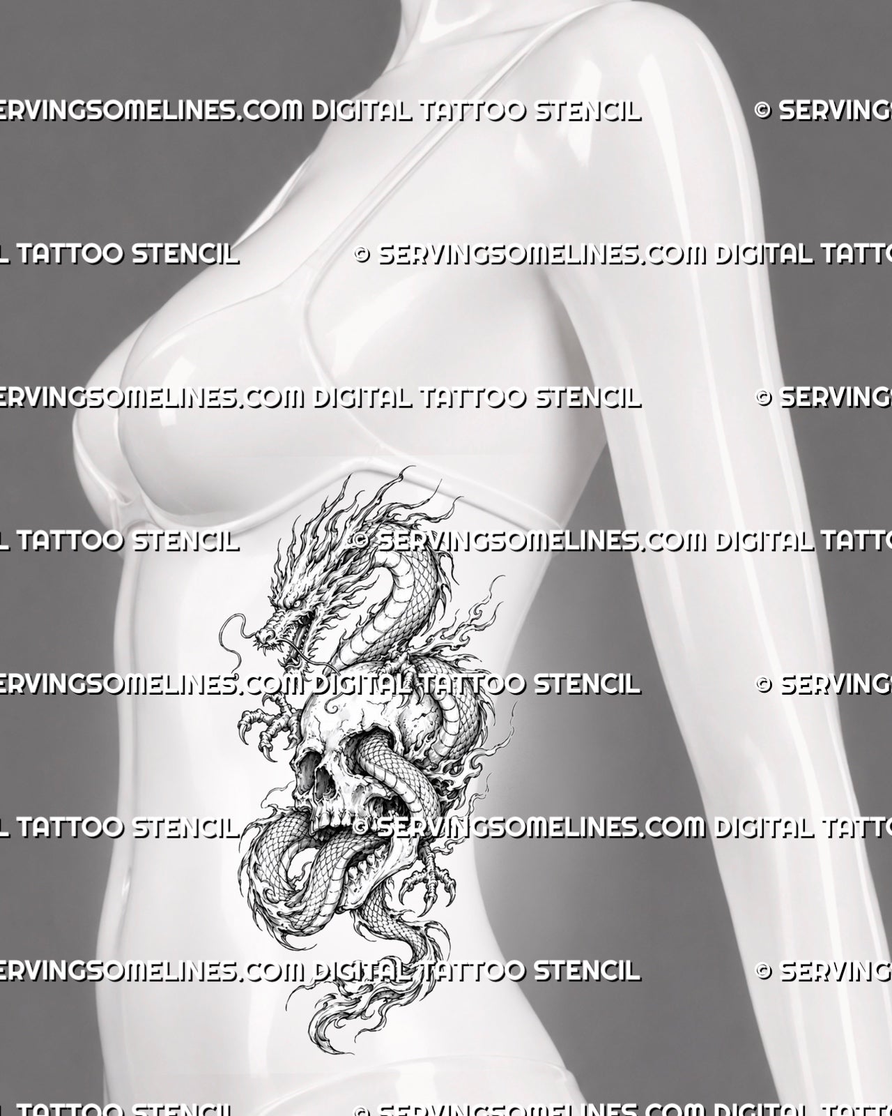 Dragon and skull tattoo stencil shown on women’s side with dragon curling around skull, horned head, claws, whiskers, and flowing vertical shape